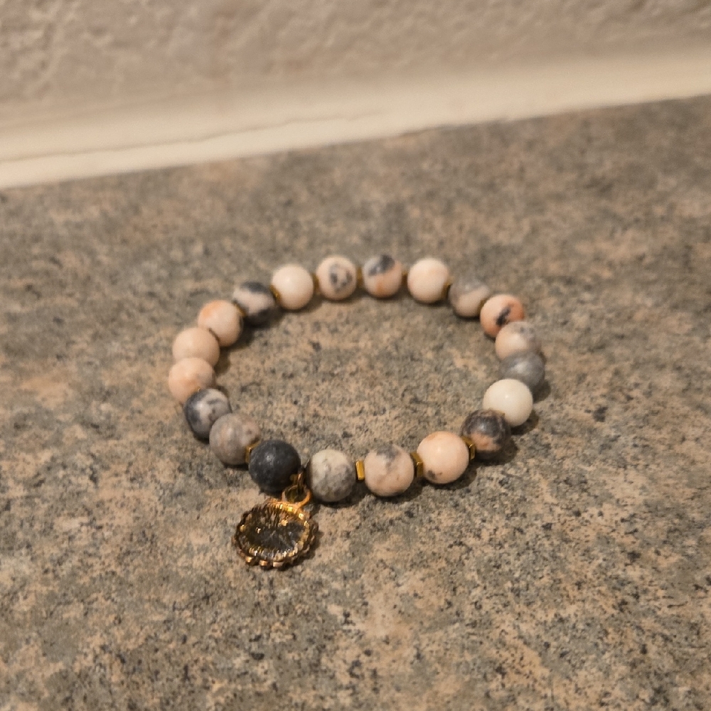 Not Rated Cream and Gray Beaded Bracelet with Charm